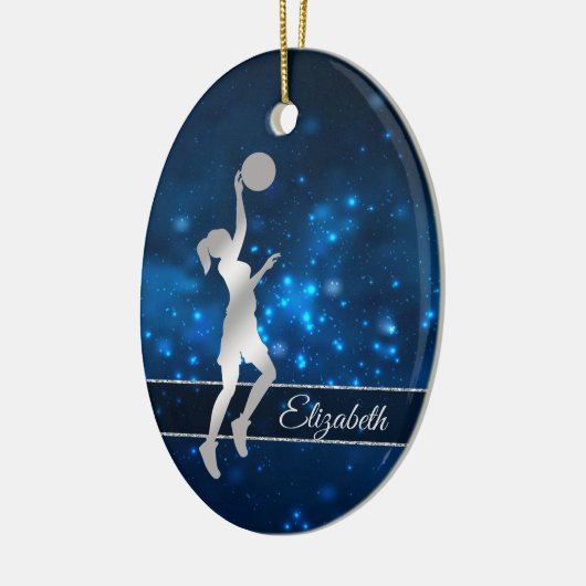 Eleganter Blue Lights Glitzer Basketball Player Keramik Ornament (Links)
