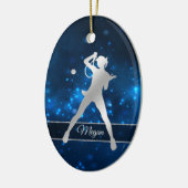 Eleganter Blue Lights Silver Female Tennis Player Keramik Ornament (Links)