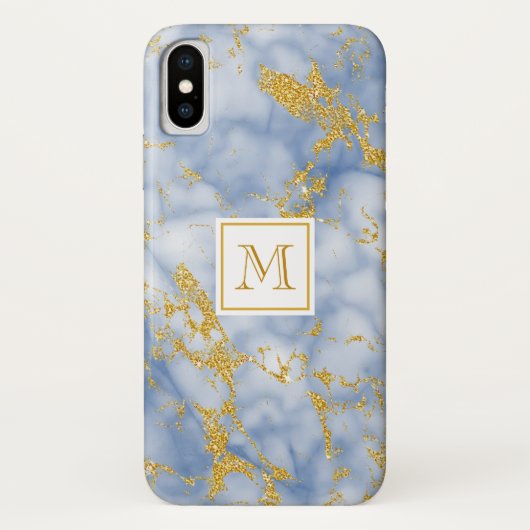 Eleganter Blue Marble Monogram Imitate Gold Glitze Case-Mate iPhone Hülle (Rückseite)