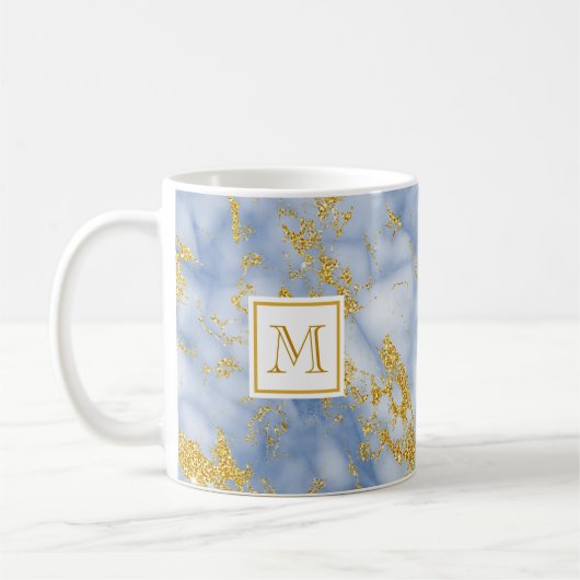 Eleganter Blue Marble Monogram Imitate Gold Glitze Kaffeetasse (Links)