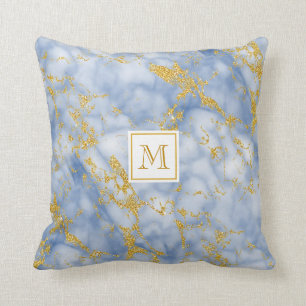 Eleganter Blue Marble Monogram Imitate Gold Glitze Kissen
