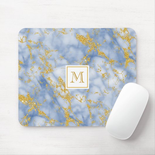 Eleganter Blue Marble Monogram Imitate Gold Glitze Mousepad (Mit Mouse)