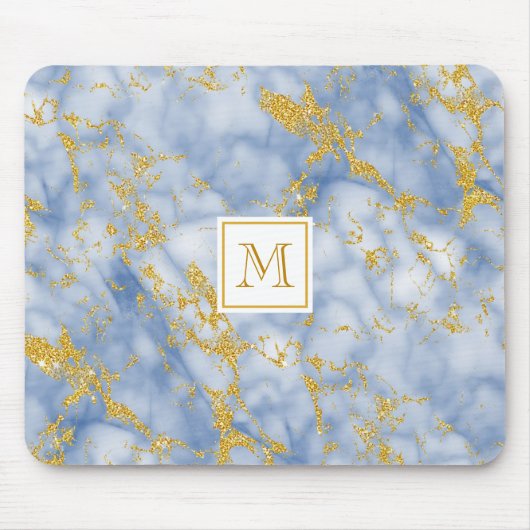 Eleganter Blue Marble Monogram Imitate Gold Glitze Mousepad (Vorne)