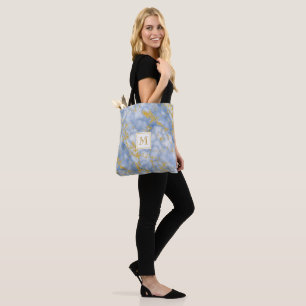 Eleganter Blue Marble Monogram Imitate Gold Glitze Tasche