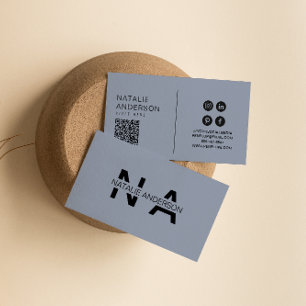 Eleganter Blue Neutral QR Code Monogram Logo Boho Visitenkarte