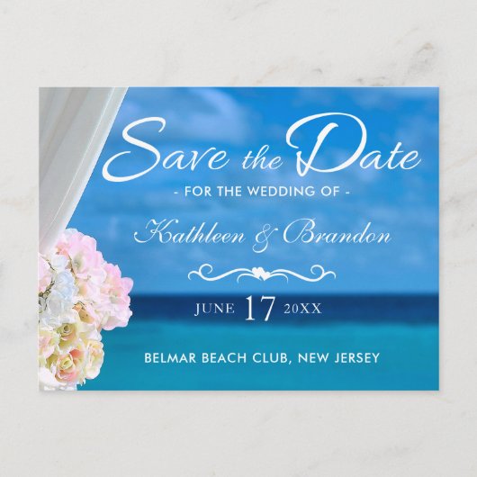 Eleganter Blue Ocean Beach Summer Save the Date Ankündigungspostkarte (Vorderseite)