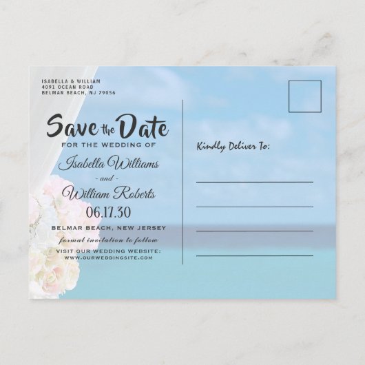 Eleganter Blue Ocean Beach Summer Save the Date Ankündigungspostkarte (Rückseite)