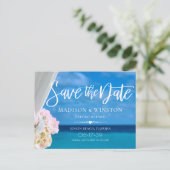 Eleganter Blue Ocean Beach Summer Save the Date Ankündigungspostkarte (Stehend Vorderseite)