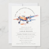 Eleganter Blue Orange Blush Airplane Geburtstag Einladung (Vorderseite)