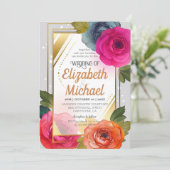 Eleganter Blue Orange Rosa Blütengoldrahmen für Ho Einladung (Stehend Vorderseite)