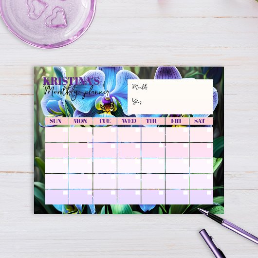 Eleganter Blue Orchid Kalender Monatsplaner Notizblock