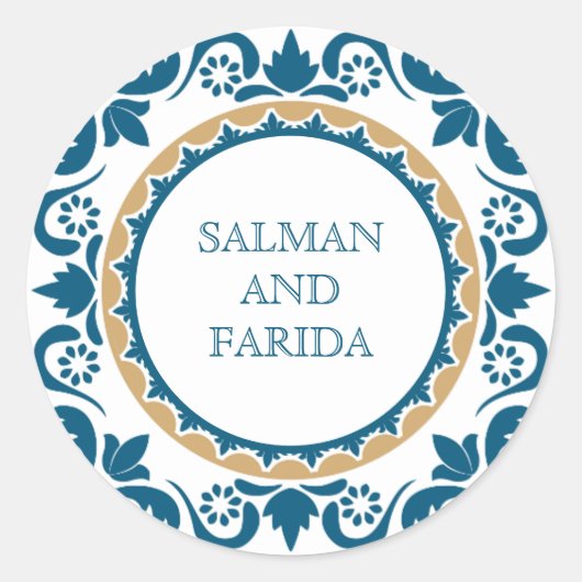 Eleganter Blue Persian Mosaic Wedding Umschlag Auf Runder Aufkleber (Vorderseite)
