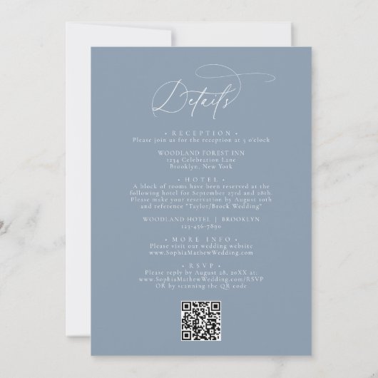 Eleganter Blue QR-Code bei einer Hochzeit Einladung (Rückseite)
