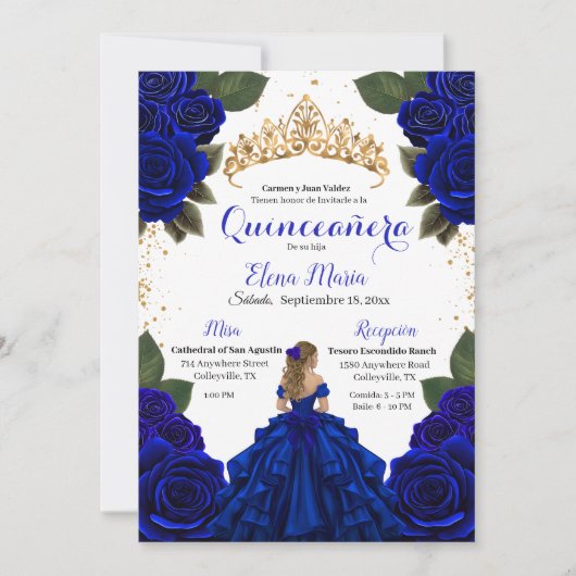 Eleganter Blue Quinceñera Rose Gold Glitzer Einladung (Vorderseite)