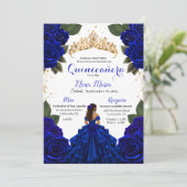 Eleganter Blue Quinceñera Rose Gold Glitzer Einladung (Stehend Vorderseite)