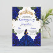 Eleganter Blue Quinceñera Rose Gold Glitzer Einladung (Stehend Vorderseite)