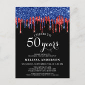 Eleganter Blue Red Black Glitzer Tropfen 50. Gebur Postkarte (Vorderseite)