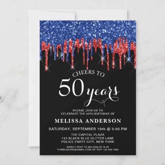 Eleganter Blue Red Glitzer Tropfens Patriotic Gebu Einladung (Vorderseite)