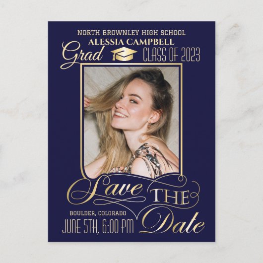 Eleganter Blue Save the Date Abschluss Postkarte (Vorderseite)