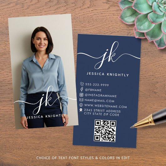 Eleganter Blue Script Monogram Logo Foto QR Code Visitenkarte