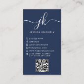 Eleganter Blue Script Monogram Logo Foto QR Code Visitenkarte (Rückseite)