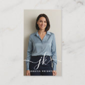 Eleganter Blue Script Monogram Logo Foto QR Code Visitenkarte (Vorderseite)