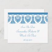 Eleganter Blue Scroll Save the Date auf Weiß Ankündigungspostkarte (Vorne/Hinten)