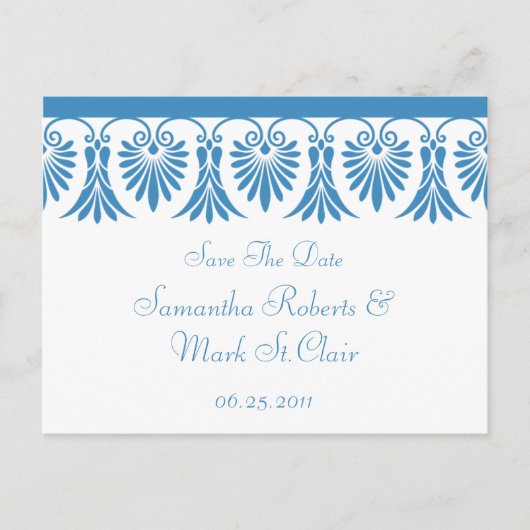 Eleganter Blue Scroll Save the Date auf Weiß Ankündigungspostkarte (Vorderseite)