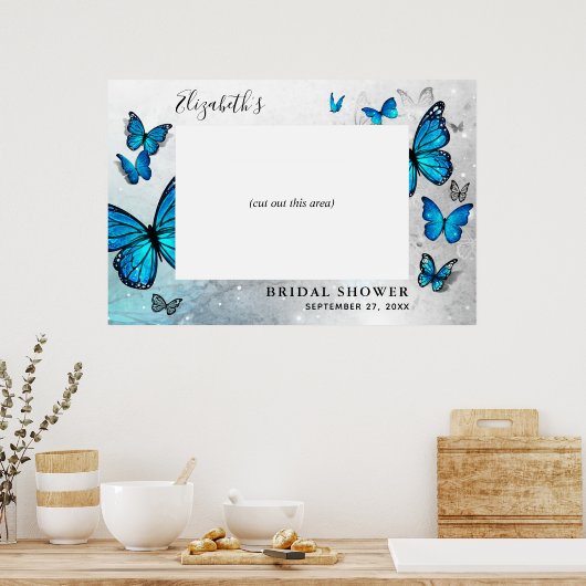 Eleganter Blue Silver Butterfly Foto Booth Prop Poster (Küche)