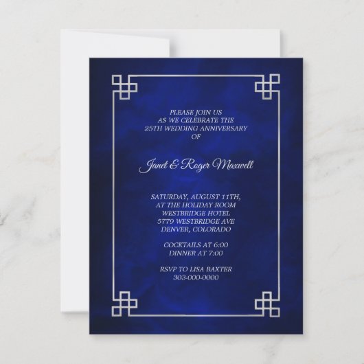 Eleganter Blue Silver Frame 25. Hochzeitstag Einladung (Vorderseite)