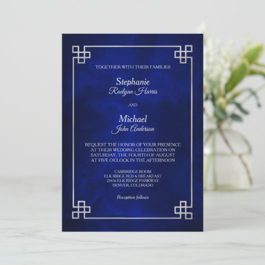 Eleganter Blue Silver Frame Wedding Einladung (Stehend Vorderseite)