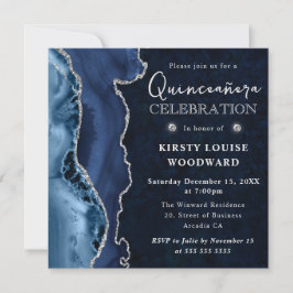 Eleganter Blue Silver Glitzer Agate Quinceanera Einladung