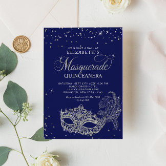 Eleganter Blue Silver Glitzer Masquerade Quinceañe Einladung