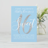 Eleganter Blue Silver Sequin Glitzer Sweet 16 Einladung (Stehend Vorderseite)
