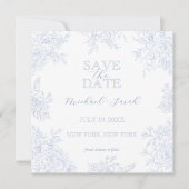 Eleganter Blue Toile Floral Square Save the Date Einladung (Vorderseite)