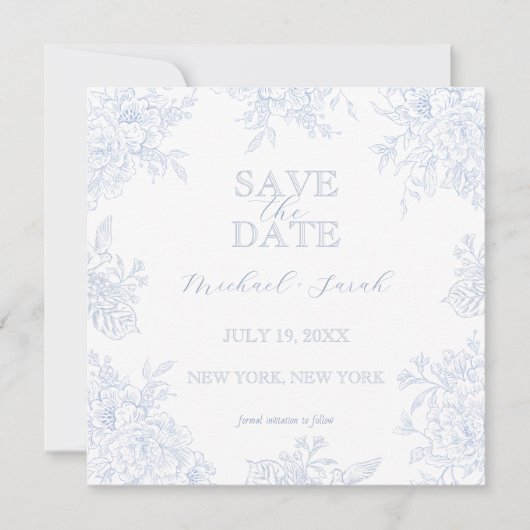 Eleganter Blue Toile Floral Square Save the Date Einladung (Vorderseite)