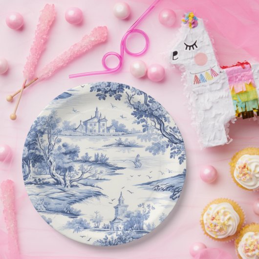 Eleganter Blue Toile Klassischer Porzellan Stil Pappteller (Party)