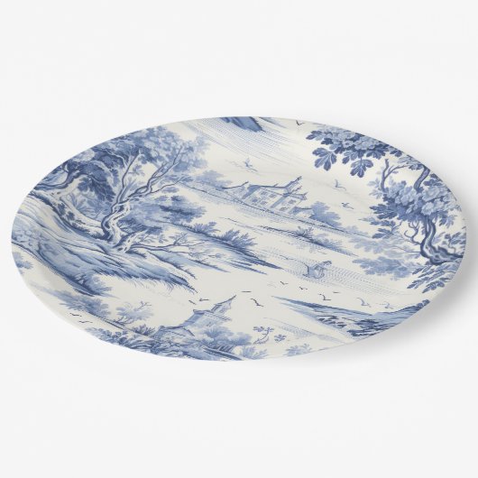 Eleganter Blue Toile Klassischer Porzellan Stil Pappteller (Schrägansicht)