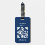 Eleganter Blue White Bold Monogram QR Code Gepäckanhänger (Rückseite vertikal)