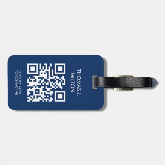 Eleganter Blue White Bold Monogram QR Code Gepäckanhänger (Rückseite horizontal)