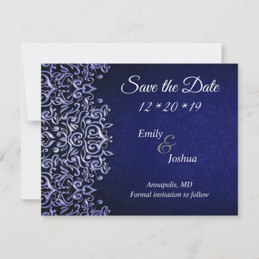 Eleganter Blue & White Damask | Hochzeit Save The Date (Vorderseite)