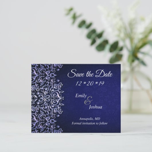 Eleganter Blue & White Damask | Hochzeit Save The Date (Stehend Vorderseite)