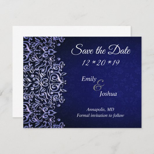 Eleganter Blue & White Damask | Hochzeit Save The Date (Vorne/Hinten)