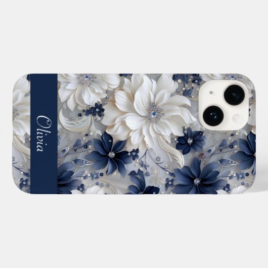 Eleganter Blue White Floral Chic Individuelle Name Case-Mate iPhone Hülle (Rückseite (Horizontal))