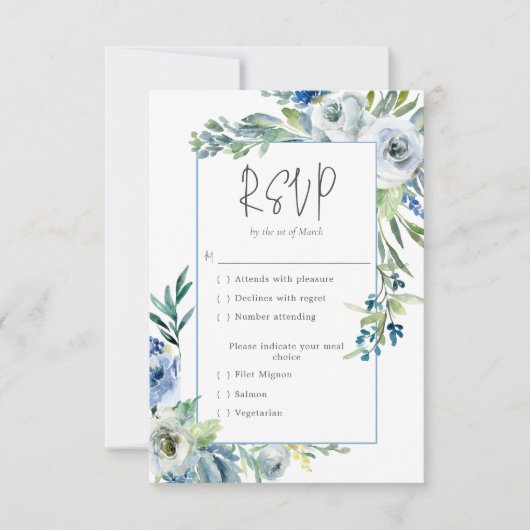 Eleganter Blue White Floral Spring Garden Hochzeit RSVP Karte (Vorderseite)