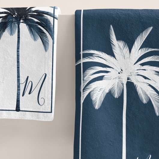 Eleganter Blue & White Palm Tree Monogram Bath Tow Badhandtuch Set