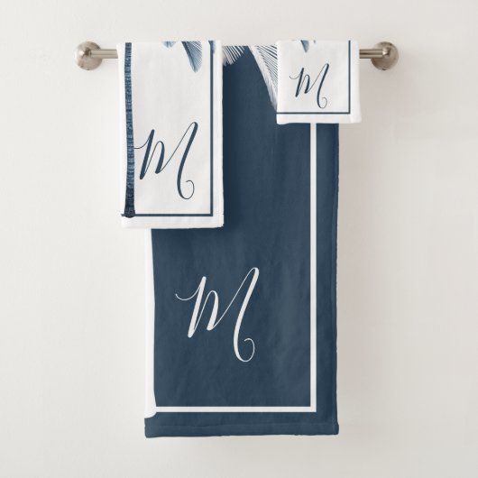 Eleganter Blue & White Palm Tree Monogram Bath Tow Badhandtuch Set (Insitu)