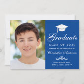 Eleganter Blue White Script Cap Foto Abschluss Ankündigung (Vorderseite)