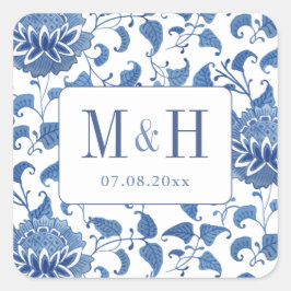 Eleganter Blue-White-Wedding Monogram-Gefallen Quadratischer Aufkleber