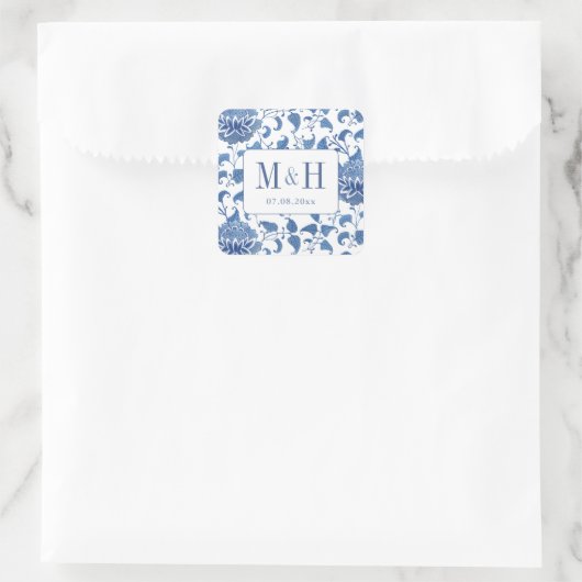 Eleganter Blue-White-Wedding Monogram-Gefallen Quadratischer Aufkleber (Tasche)